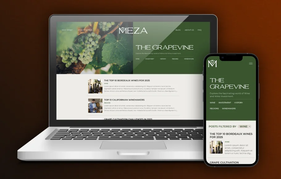 Meza website and app interface shown on a laptop and phone