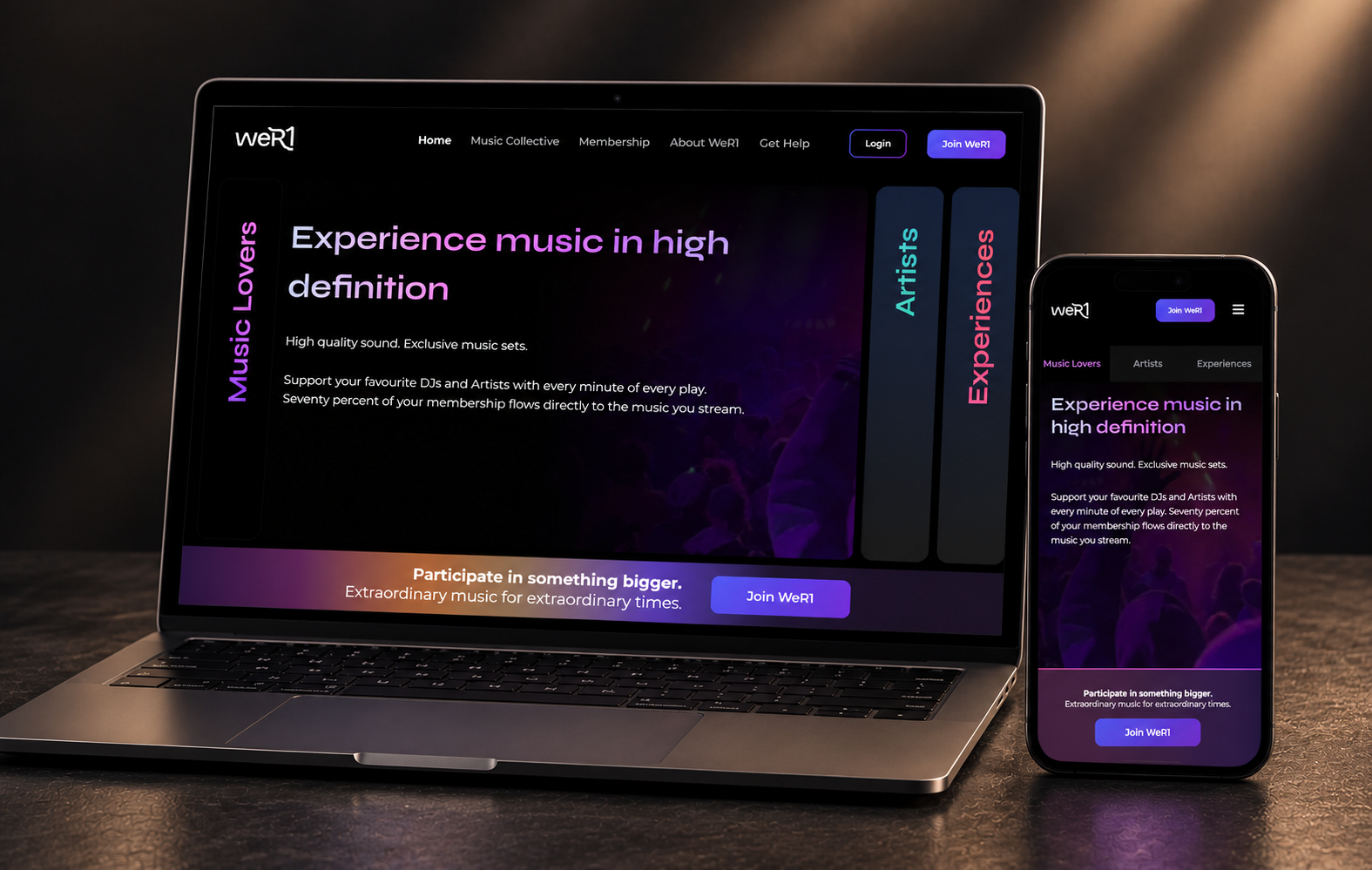 WeR1 website and mobile app interfaces shown on a premium laptop and phone