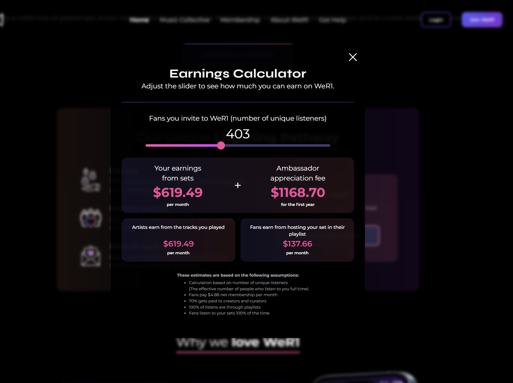 WeR1 earnings calculator for artists and contributors
