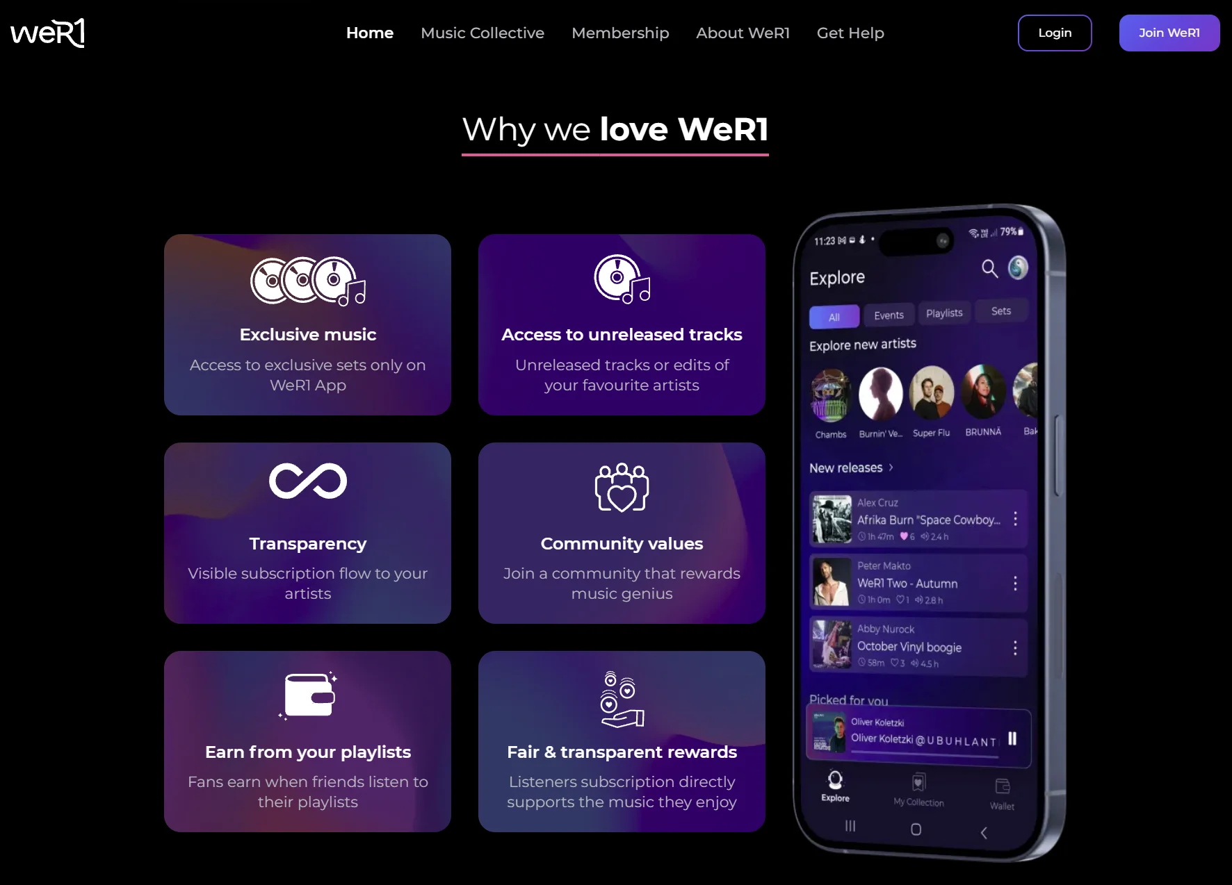 WeR1 website elements and mobile app screenshot.
